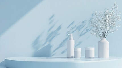 Poster - 3D rendering of a minimalist product display background for skincare items in soft blue pastel tones