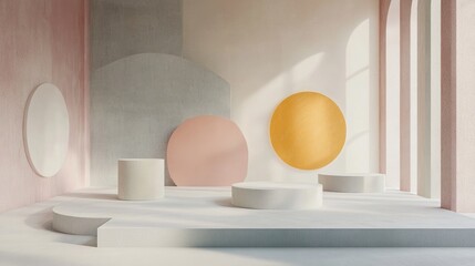 Poster - 3D rendering of a studio featuring geometric shapes and a podium on the floor designed as platforms for product display