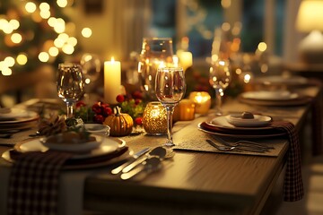 Elegant table setting for a romantic dinner, featuring soft lighting and a centerpiece of fresh flowers