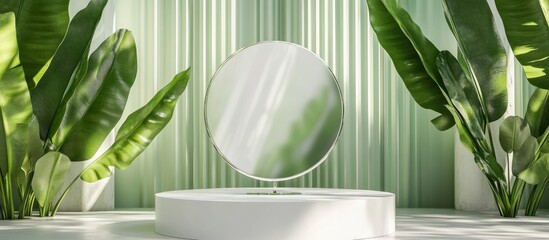 Aufkleber - 3D render of an empty white circular display stand featuring a clear mirror effect and a reeded glass shower screen complemented by tropical green banana leaves Natural beauty theme backdrop mock u