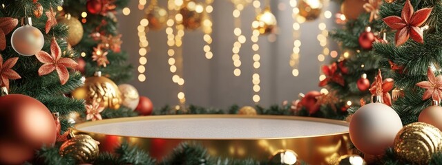 Poster - 3D rendering of a festive Christmas and New Year scene featuring an empty podium and holiday decorations