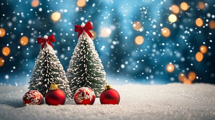 Christmas holiday background, Merry Christmas poster design small snow Christmas trees with balls with greeting text, 2025 Happy Christmas photography generative ai