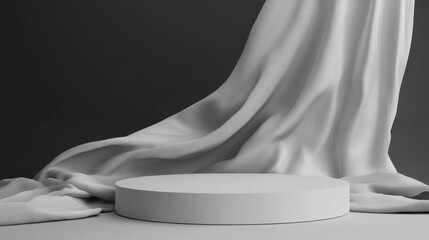 Poster - 3D rendering of a minimalistic background featuring a white podium and gray fabric in a grayscale theme