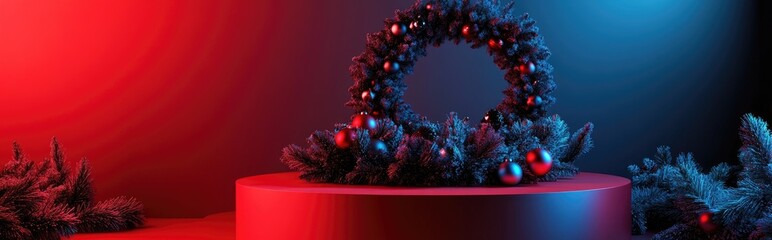 Aufkleber - 3D red background featuring a podium and a decorative wreath adorned with Christmas ornaments Seasonal holiday mockup for product presentation 3D render