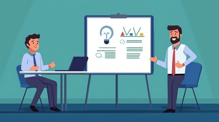 Poster - Two professionals engage in a business presentation with a projector screen displaying data and charts in a well-lit office environment