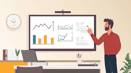 Poster - professional man presenting business data and analytics in an office setting during daytime, highlig