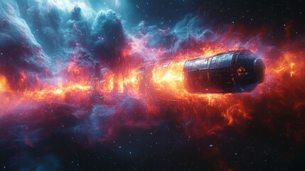 Poster - A futuristic spaceship navigates through a stunning nebula, surrounded by fiery colors and cosmic clouds.