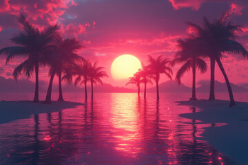 Poster - Retro wave grid with glowing sunset and palm trees, for a nostalgic digital backdrop,
