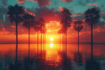 Poster - Retro wave grid with glowing sunset and palm trees, for a nostalgic digital backdrop,