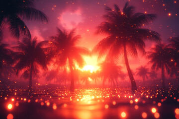 Poster - Retro wave grid with glowing sunset and palm trees, for a nostalgic digital backdrop,