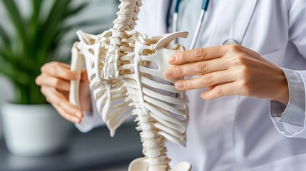 Poster - Orthopedic specialist analyzing a 3D holographic model of the skeletal system to diagnose fractures and plan treatment Stock Photo with copy space