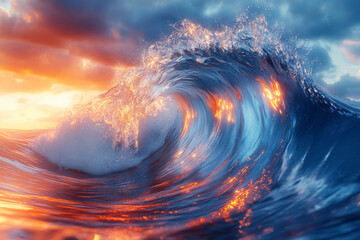 Poster - Abstract blue wave bursting on a vivid multicolored backdrop,