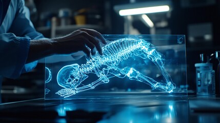 Poster - Orthopedic specialist analyzing a 3D holographic model of the skeletal system to diagnose fractures and plan treatment Stock Photo with copy space