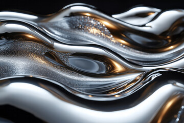 Poster - An abstract liquid metal surface with reflective waves, for a dynamic digital background,
