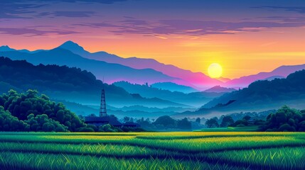 Wall Mural - Sunrise Over a Mountain Range with a Rice Paddy Field