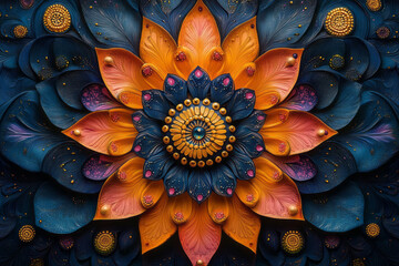 Poster - A vibrant mandala pattern with intricate details, designed as a digital art background,