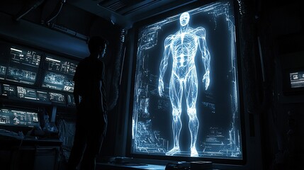 Poster - Doctor using a 3D hologram to demonstrate medical conditions and treatments to patients Stock Photo with copy space