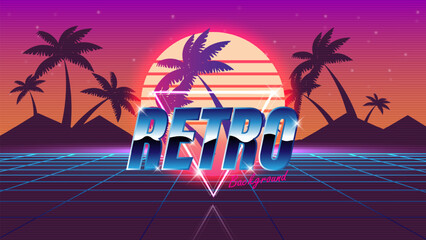 Aufkleber - Retro background. Synthwave wireframe landscape for game assets in vector illustrations.Retro Futurism Sci-Fi Background. glowing neon grid.and stars from vintage arcade comp	