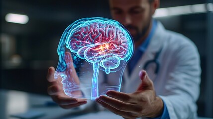 Poster - Doctor using a 3D hologram to educate patients about their medical conditions and treatment options Stock Photo with copy space