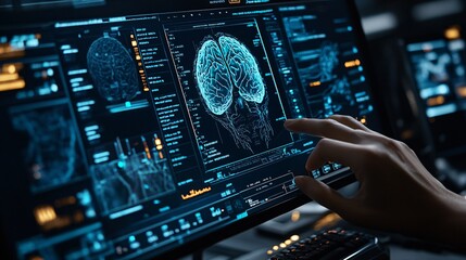 Poster - Doctor using a 3D hologram to educate patients about their medical conditions and treatment options Stock Photo with copy space