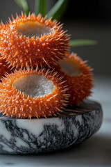 Wall Mural - Close-up of sea urchins opened to reveal vibrant roe, arranged on a marble slab,