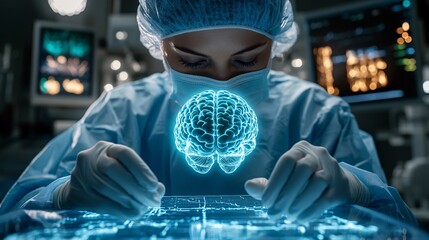 Poster - Neurosurgeon preparing for complex brain surgery with the aid of a 3D holographic brain model Stock Photo with copy space