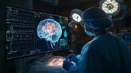 Poster - Neurosurgeon preparing for complex brain surgery with the aid of a 3D holographic brain model Stock Photo with copy space