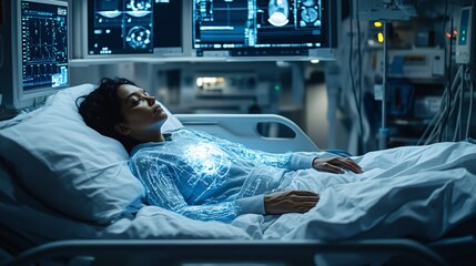 Poster - Doctor using a 3D hologram to explain a patient's medical condition in detail Stock Photo with copy space