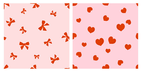 Poster - Seamless pattern with ribbon bow and red hearts on pink backgrounds vector.