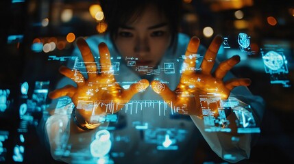 Poster - Doctor using a 3D hologram to demonstrate and educate patients about their medical conditions Stock Photo with copy space