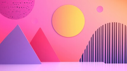 Poster - Abstract geometric shapes, including circles, pyramids, and lines, arranged against a vibrant pastel-colored background, creating a modern and playful design.