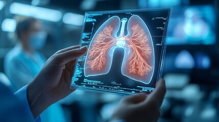 Poster - Pulmonologist analyzing lung function with a 3D holographic lung model during a diagnostic check-up Stock Photo with copy space