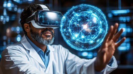 Poster - Doctor educating patients using a 3D hologram to demonstrate their medical condition in detail Stock Photo with copy space