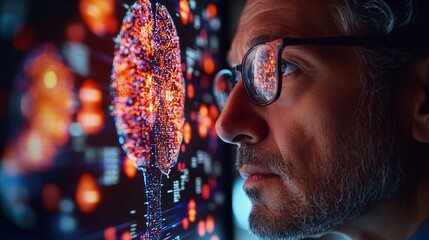Poster - Neurologist examining a 3D holographic brain with intricate details of the brain and nervous system for diagnosing neurological disorders Stock Photo with copy space