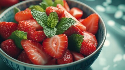 Wall Mural - Fresh Strawberries with Mint in a Blue Bowl