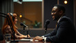 © PhotoPhreak - Medium Shot of Cheerful African American Man in Suit Talking to Female Guest During Podcast in Studio