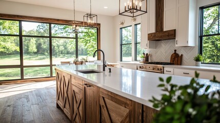 A rustic kitchen with a large island, farmhouse sink, and reclaimed wood accents