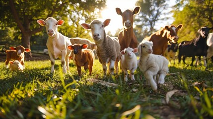 Poster - A group of animals, including cows and sheep, are standing in a field