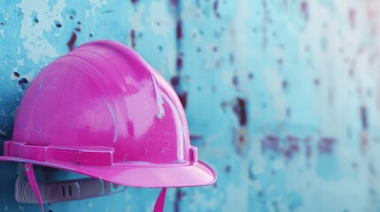 A scratched pink hard hat hanging against a weathered blue metal surface, symbolizing construction work and industrial aesthetics.