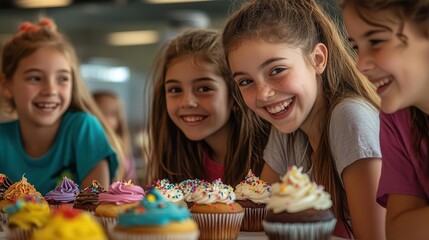 Children decorate cupcakes with colorful sprinkles at a birthday party.