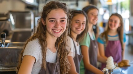 Four teenage girls working at an ice cream shop, smiling and looking at the camera.