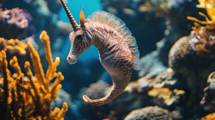 Poster - Unicorn Seahorse in a Coral Reef