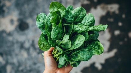 Wall Mural - Fresh Spinach Bunch Held in Hand