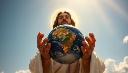 Jesus Holding Earth in Hands with Compassion and Love, Spiritual and Religious Symbol of Peace new stock image illustration AI