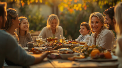 A family gathering at home, with people of all ages sitting around the table, laughing and enjoying each other's company over dinner.