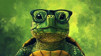 A turtle wearing black framed glasses looking at the camera with a green and brown cloudy background.