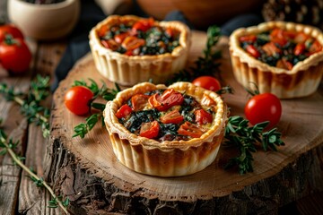 Delicious Savory Tarts with Spinach, Tomatoes, and Cheese on a Rustic Wooden Background