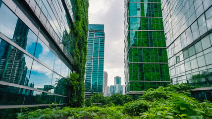 Modern green building with lush plants on its exterior, reflecting the sky and nearby glass skyscrapers