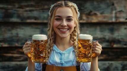 Close-up photo of a woman in dirndl, traditional festival dress, holding two mugs of beer in her hands. Oktoberfest, St. Patrick’s day, international beer day concept.