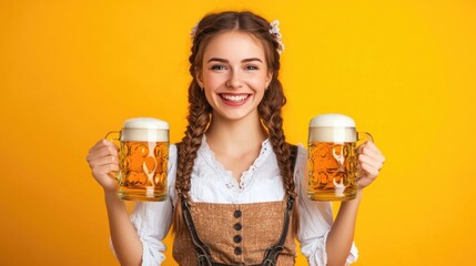 Close-up photo of a woman in dirndl, traditional festival dress, holding two mugs of beer in her hands. Oktoberfest, St. Patrick’s day, international beer day concept.